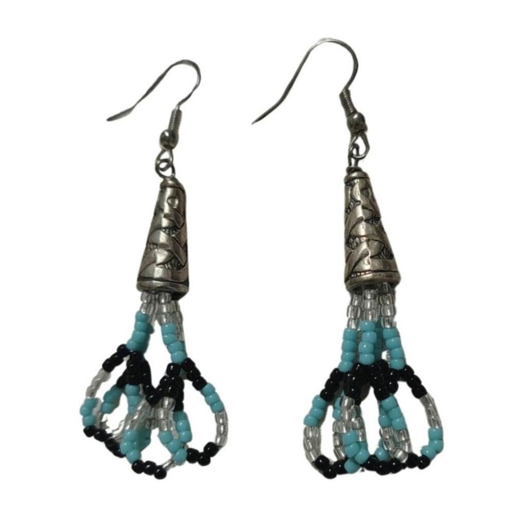 NEW HandmadePierced Blue Dangling Beaded Earrings Hook Fasteners Etched Silver